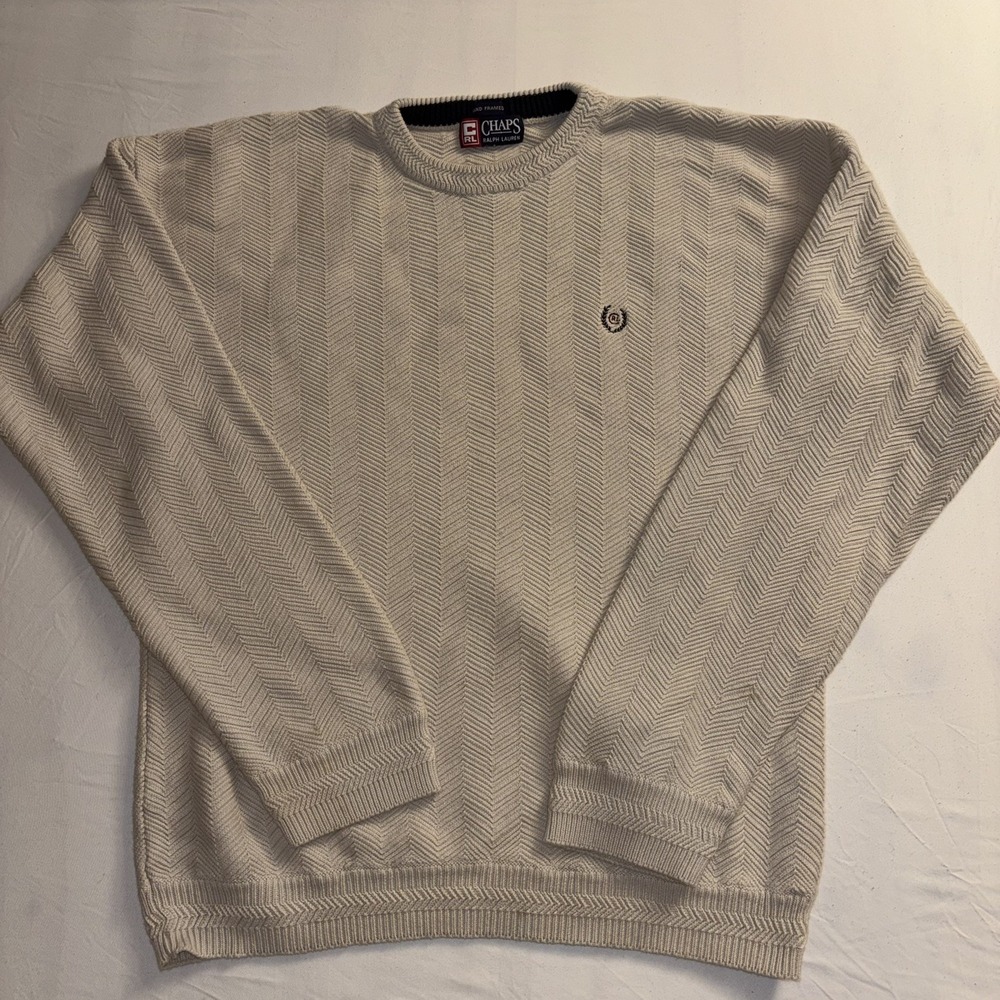 Vintage Chaps Ralph Lauren Sweater Men XL Beige Cream Herringbone Knit Crewneck - Picture 1 of 11